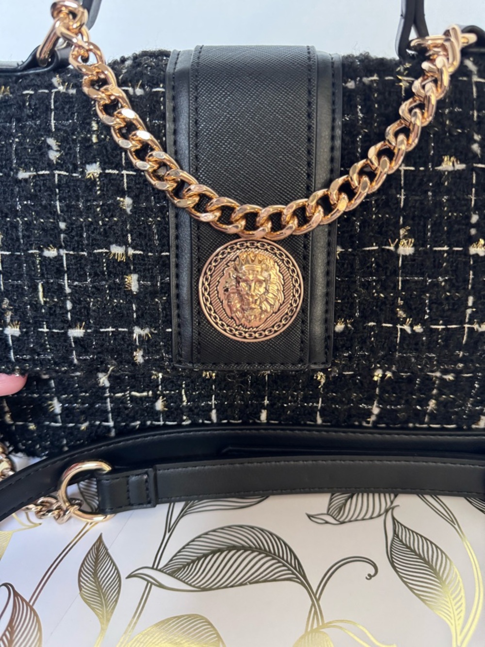 ALDO Black Tweed Top-Handle Bag with Gold Chain Accent - Picture 11 of 11
